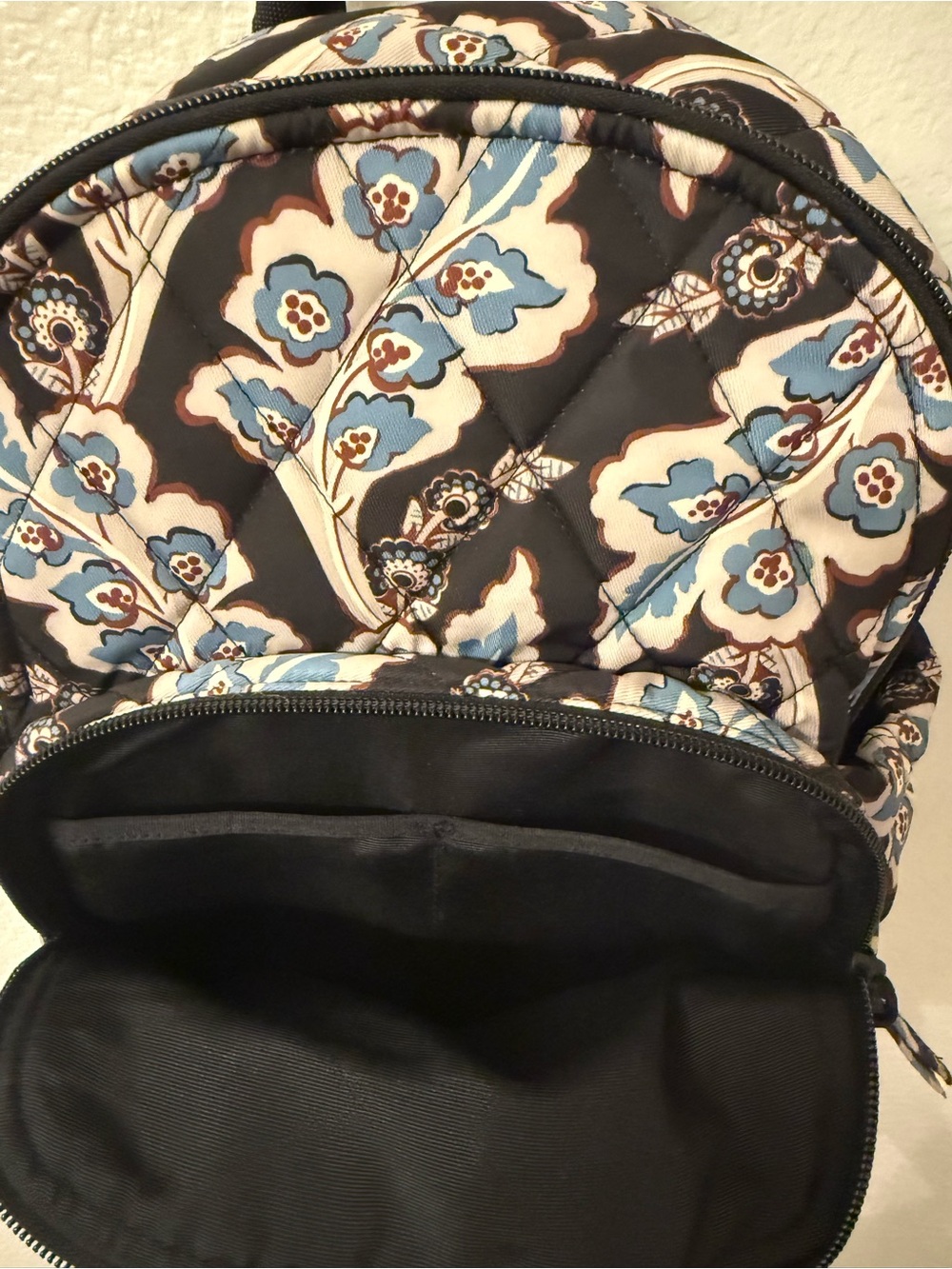 Vera Bradley Black Quilted Backpack with Blue and Cream Floral Print - Picture 8 of 8